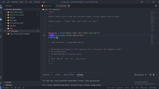 PHP - Exercises, Practice, Solution [ 24 ] get the shortest longest string