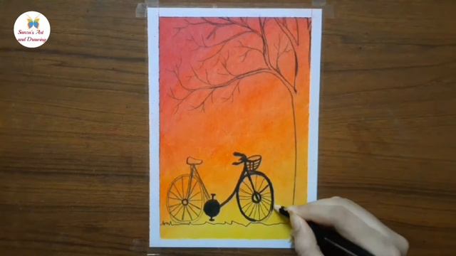 How to draw sunset scenery with Cycle & flower tree | Oil pastel drawing for beginner's смотреть онлайн