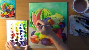 Как нарисовать натюрморт. Рисуем летний натюрморт. Летние фрукты и ягоды. Акрил