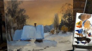 СУМЕРКИ. Уютный ЗИМНИЙ ПЕЙЗАЖ маслом. Как нарисовать зимний пейзаж, зиму.