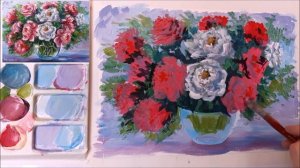 БУКЕТ ПИОНОВ. КАК НАРИСОВАТЬ ПИОНЫ. ПИОНЫ ГУАШЬЮ ПОЭТАПНО. УРОКИ РИСОВАНИЯ.