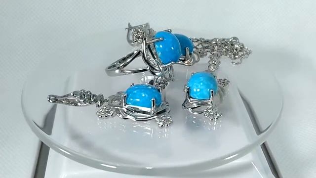 Кольцо, серьги и кулон с натуральной аризонской необлагороженной бирюзой Серебро 925