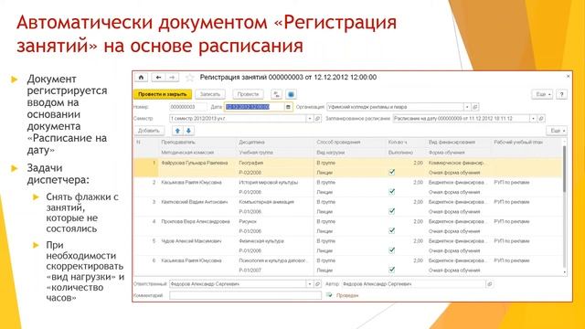 Регистрация фактической нагрузки по расписанию