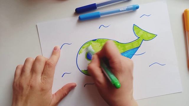 Рисуем кита фломастерами или карандашами. Рисование для детей. смотреть онлайн