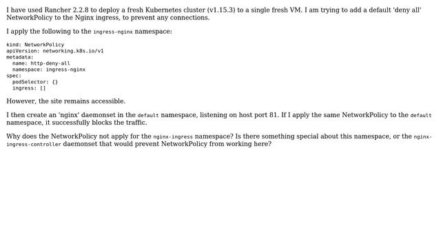 NetworkPolicy has no effect on nginx-ingress namespace смотреть онлайн