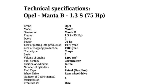 Opel - Manta B - 1.3 S (75 Hp) - Technical specifications смотреть онлайн