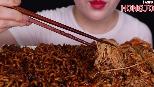 ASMR  사천짜장라면 팽이버섯 black bean noodl  enoki mushroom EATING SOUNDS NO TALKING MUKBANG