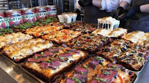 Удивительные начинки для квадратной пиццы и популярной коллекции пицц. Итальянская кухня.