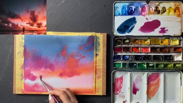 Акварель для новачків. Малюємо закатне небо, швидкий скетч по-мокрому смотреть онлайн