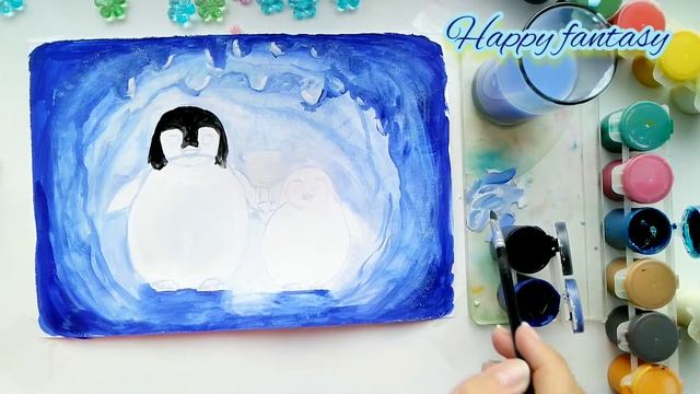Пингвины!!! Рисунок гуашью для детей!! смотреть онлайн