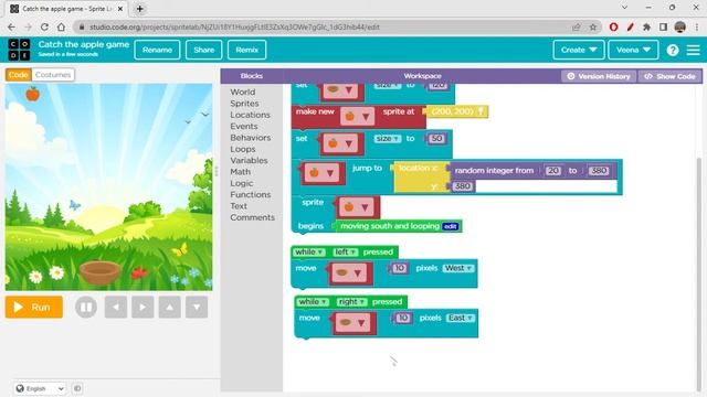 Catch the apple game on Sprite lab in code.org