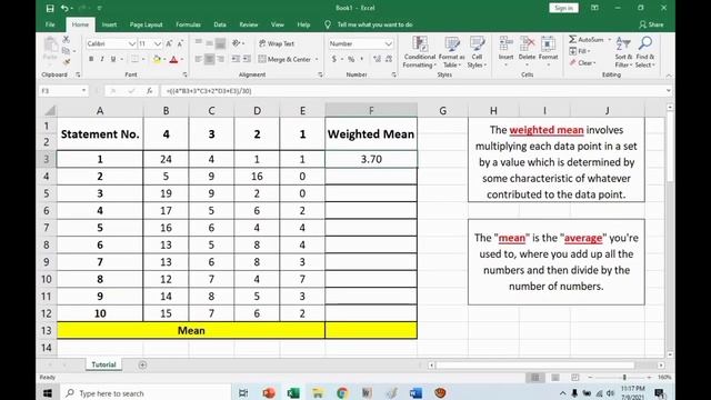 Weighted Mean Computation Using Excel (Statistics Video Tutorial)