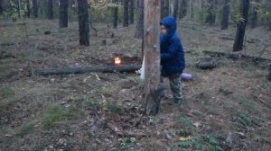 Сделал гамак из стрейч-пленки в лесу. Тест мини-походной печи. 1 день.
