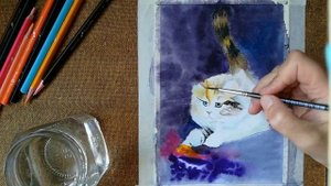 Как рисовать котёнка акварельными карандашами, смешанная техника.