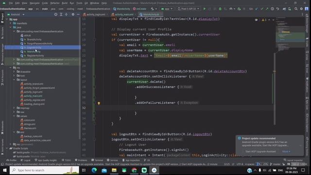 Delete Account Firebase Authentication in Android Studio Kotlin