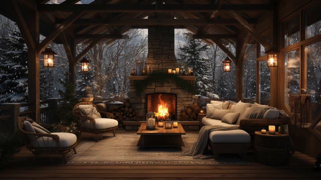 ❄️ Cozy Winter Porch Fireplace Ambience 🔥   Snow & Relaxing Fire Crackling Sounds   Sleep, Relax