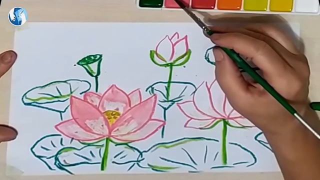 Рисунок восковыми мелками и акварелью для детей 6 лет. Лотос дальневосточный. смотреть онлайн