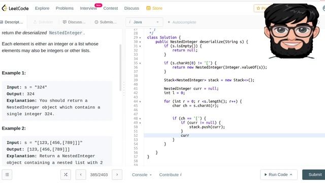 Leetcode Question 385 "Mini Parser" in Java