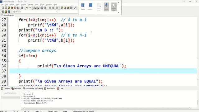 C Program to check equality of two arrays