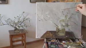 Живопись маслом. Натюрморт с цветущей вишней. Как быстро написать фон.