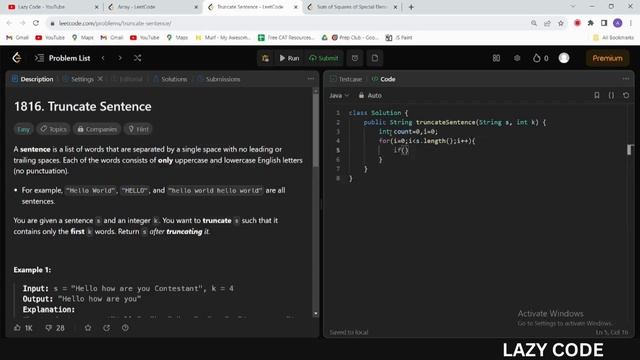 LeetCode in Java | Problem Solving in Arrays : Easy Question | Truncate Sentence