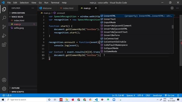 Voice selfie app using Natural Language Processing in visual studio code using html and java script