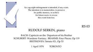 RUDOLF SERKIN Live Recital  1974   BACH  SCHUBERT  BRAHMS  BEETHOVEN   TORONTO