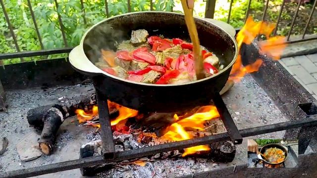 Готовим свинину с морковью, картофелем, помидорами на костре смотреть онлайн