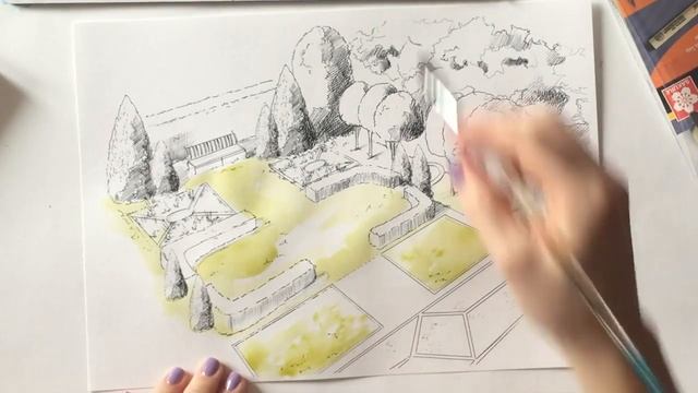 Рисуем эскиз ландшафта.  Draw a sketch of the landscape.