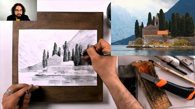 Мастер-класс по графике «Пейзаж с кипарисами» | Как нарисовать кипарисы поэтапно смотреть онлайн