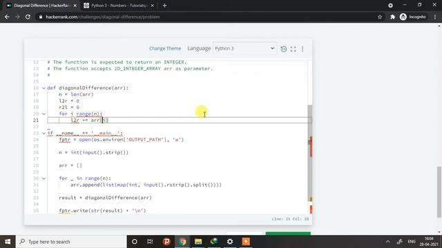 #5 Diagonal Difference | Problem Solving | Hackerrank | Python