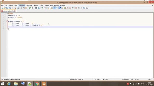 Reverse the number without using inbuilt function in PHP (Hindi).