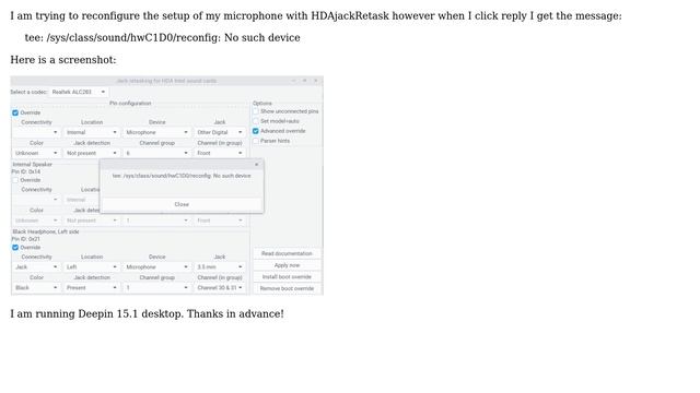 Unix & Linux: HDAjackRetask: tee: /sys/class/sound/hwC1D0/reconfig: No such device смотреть онлайн