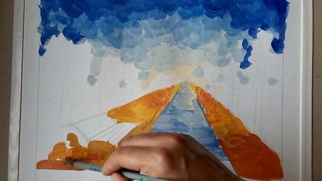 Осенний пейзаж гуашью. Передача перспективы в пейзаже. смотреть онлайн