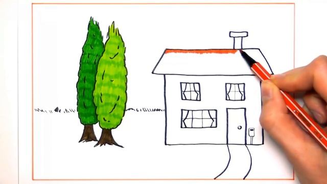 Учим рисовать детей _ Раскрашиваем дом и дерево цветными фломастерами, изучаем цвета