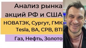 Анализ рынка акций РФ и США/ НОВАТЭК, Сургут, ГМК, Tesla, BA, CPB, BTI/ Газ, Нефть, Золото