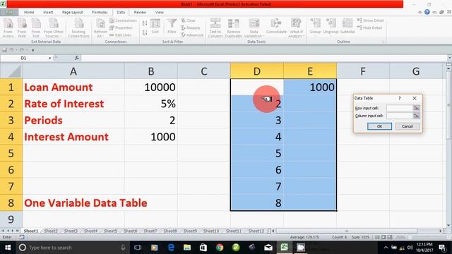 Data Table for One Variable in Microsoft Excel