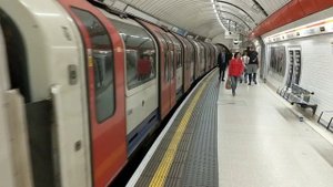 Liverpool Street station, Central Line, westbound platform.  London underground tube trains