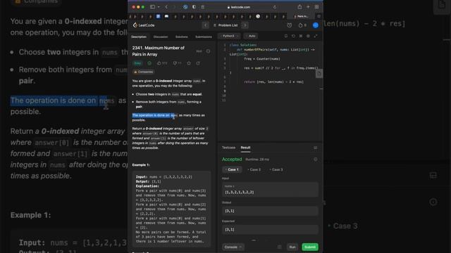 Max number of pairs in 9 seconds - Leetcode 2341 - Python