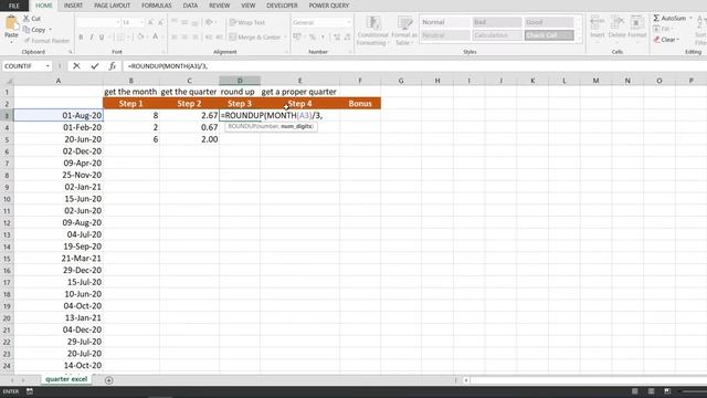 How to get the quarter from a date in Excel (Q4, Q1-2021, etc..)