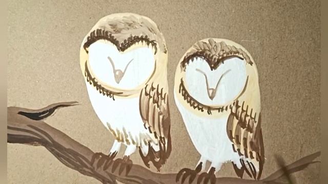 Сипухи. Рисунок гуашью на крафтовой бумаге. смотреть онлайн