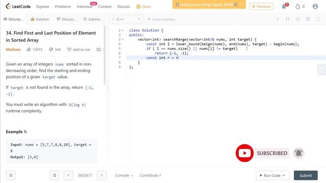 34. Find First and Last Position of Element in Sorted Array | Leetcode Solution 34 #leetcodesolutio