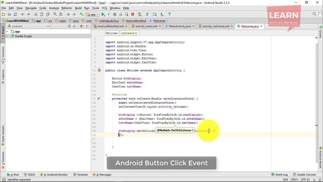 #Android App Development Tutorial in Hindi-7- Android Button Click Event - Learn with Milind - हिंद