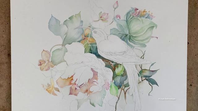 How to Paint Flowers and Bird. Watercolor Demo смотреть онлайн