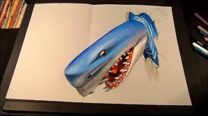 3D Trick Art - Drawing a Shark - Optical Illusion