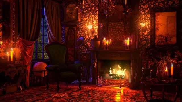 Soft Rain & Wind Sounds with Fireplace | Victorian Room Ambience смотреть онлайн