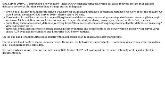Databases: Is accelerated database recovery available in SQL Server 2019?