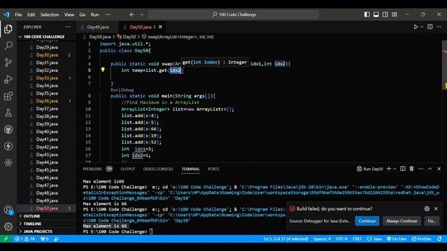 Day 50 of  100 Days Code: Mastering ArrayList Operations - Finding Maximum, Swapping, and Sorting