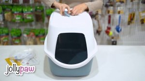 Туалет-домик для кошек, котов, JOLLYPAW, 40х40х56см, пластик, с дверцей и ручкой, серо-голубой/белы