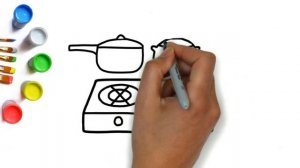 Рисование и раскраска кухонного оборудования, как нарисовать кухню, плита с кастрюлями для детей